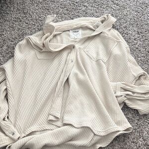 Aerie Beige Waffle Knit Button-Down Shirt